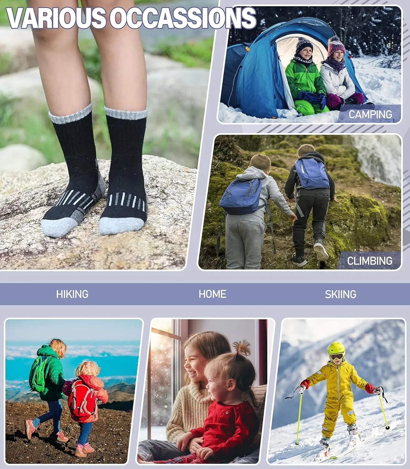 Kids Merino Wool Hiking Socks Boys Girls Toddlers Winter Warm Thick Thermal Cushion Crew Gift Socks 6 Pairs