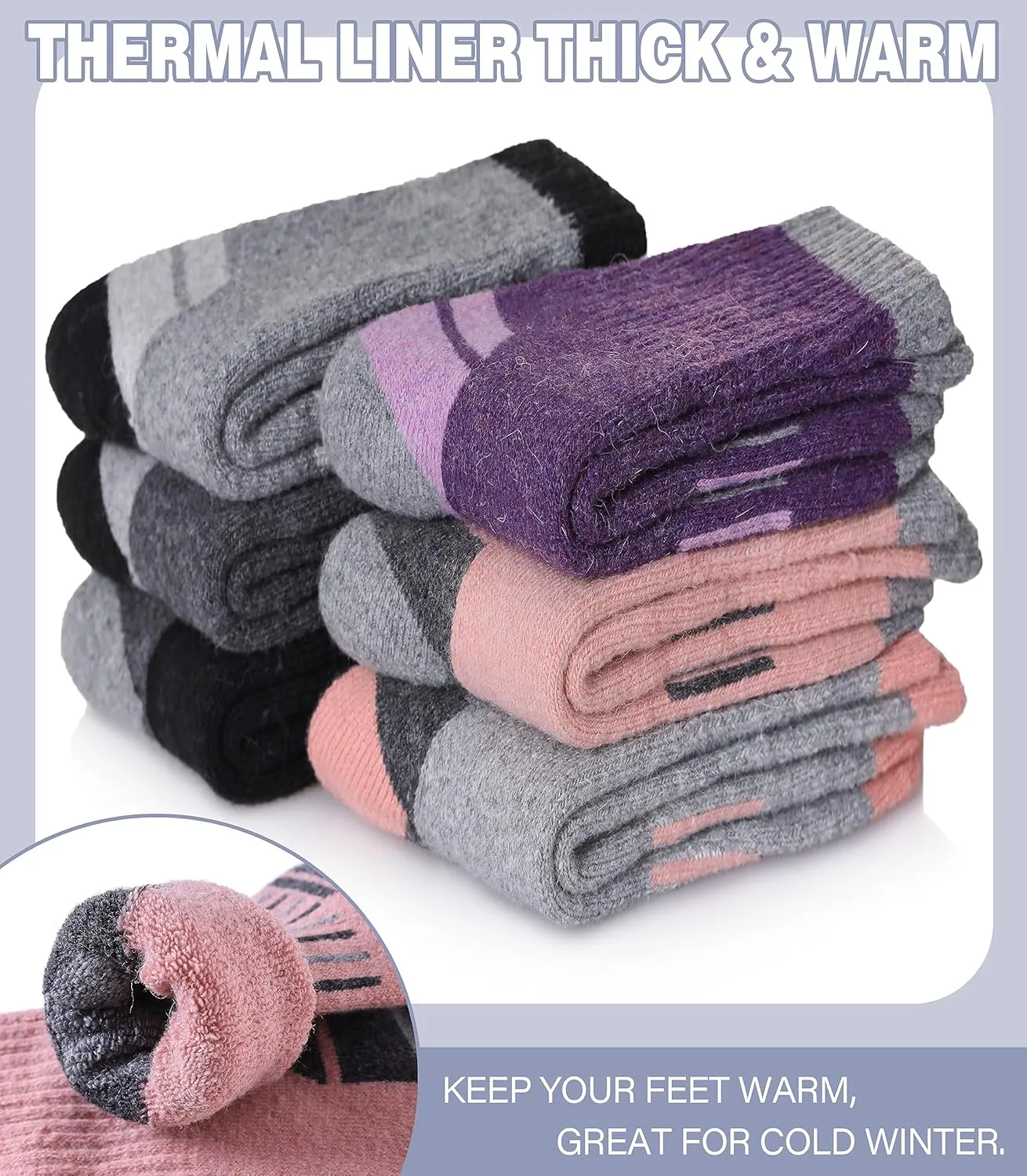 Kids Merino Wool Hiking Socks Boys Girls Toddlers Winter Warm Thick Thermal Cushion Crew Gift Socks 6 Pairs