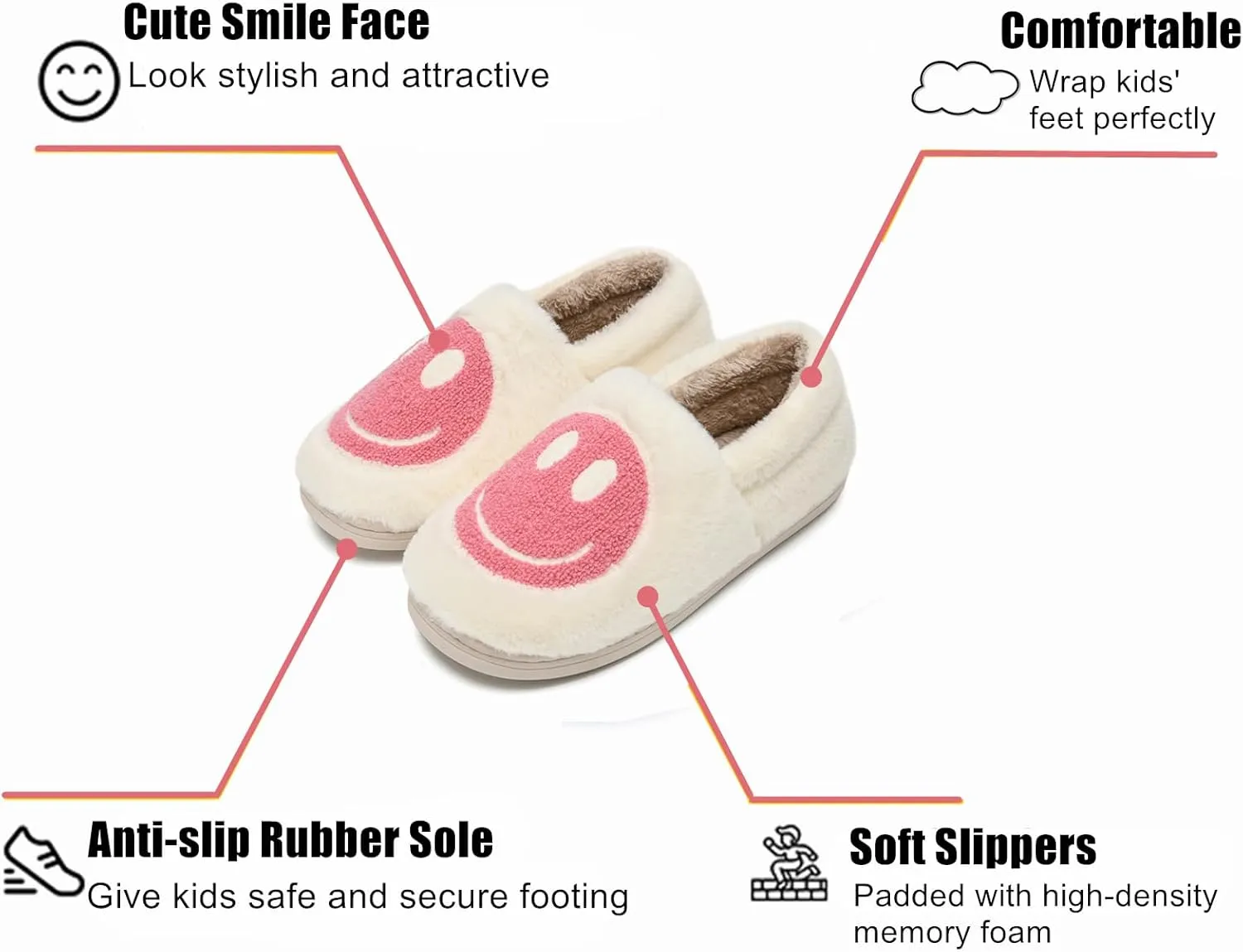 Kids Smile Face Slippers for Boys Girls, Cute Plush Fuzzy Toddler Infant Happy Face Slippers, Indoor Outdoor Non-slip Robber Sole with Memory Foam Warm Pillow House Shoes