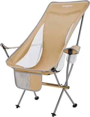 KingCamp Compact Camping Chair with Armrest Ultralight High Back Backpacking Chairs for Adults Lightweight Folding Chair Heavy Duty Support 265 Lbs Portable for Traveling, Lawn, Festival, Khaki