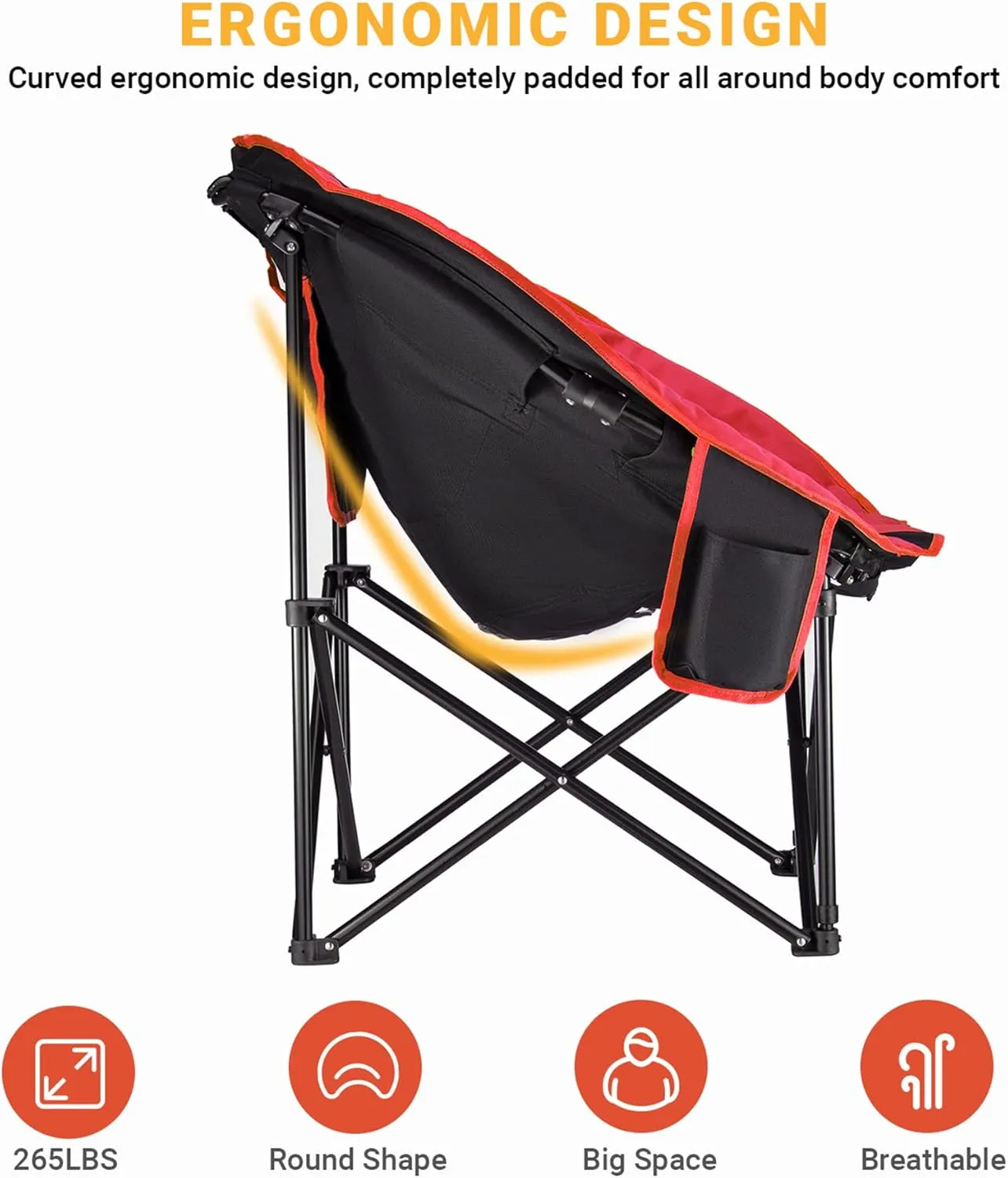 KingCamp Foldable Saucer Moon Lounge Chair with Cupholder Storage Pocket for Indoor Home or Outdoor Camping and Tailgating Use, Black/Red