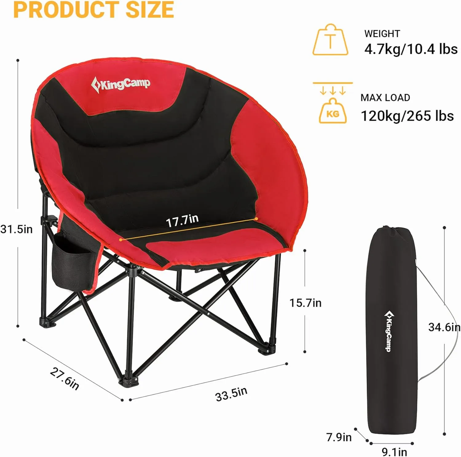 KingCamp Foldable Saucer Moon Lounge Chair with Cupholder Storage Pocket for Indoor Home or Outdoor Camping and Tailgating Use, Black/Red