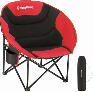 KingCamp Foldable Saucer Moon Lounge Chair with Cupholder Storage Pocket for Indoor Home or Outdoor Camping and Tailgating Use, Black/Red