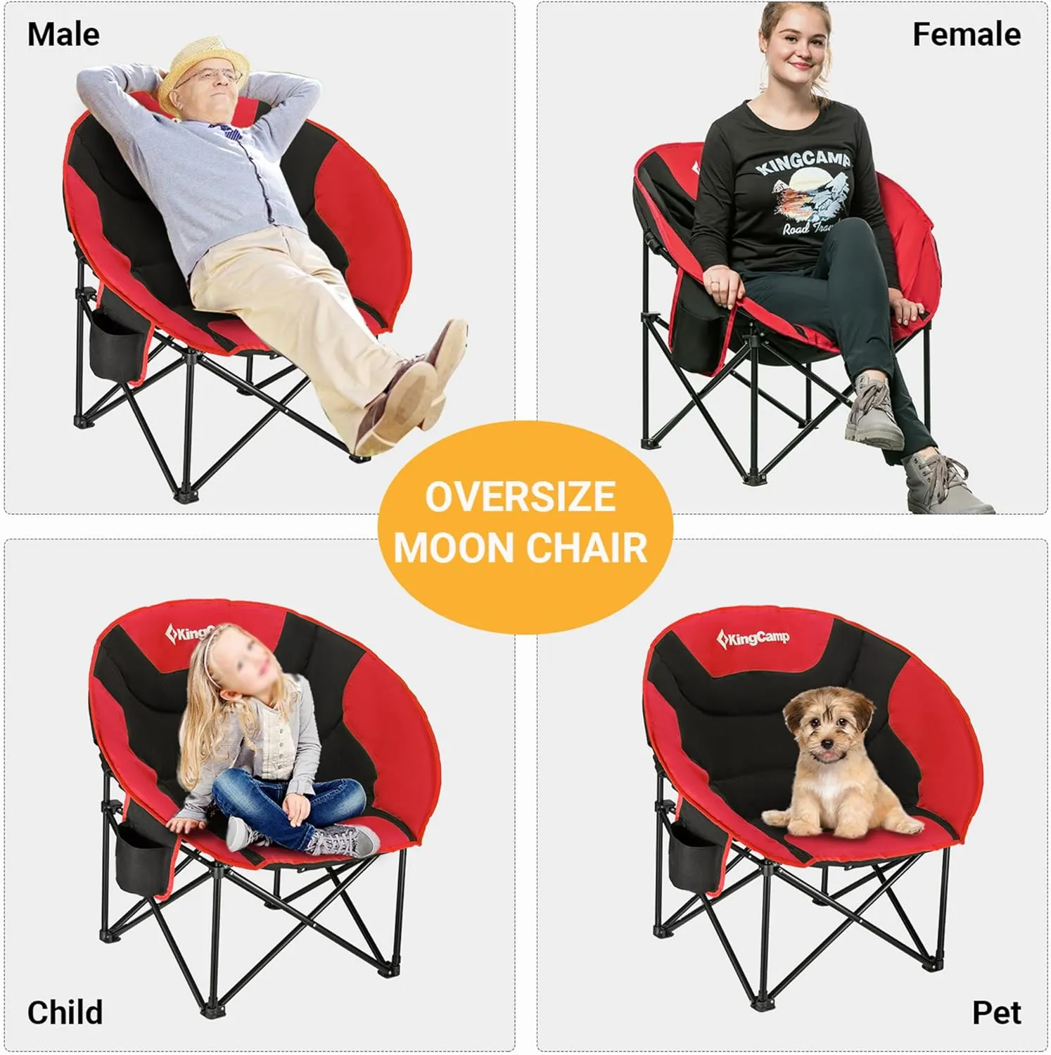 KingCamp Foldable Saucer Moon Lounge Chair with Cupholder Storage Pocket for Indoor Home or Outdoor Camping and Tailgating Use, Black/Red