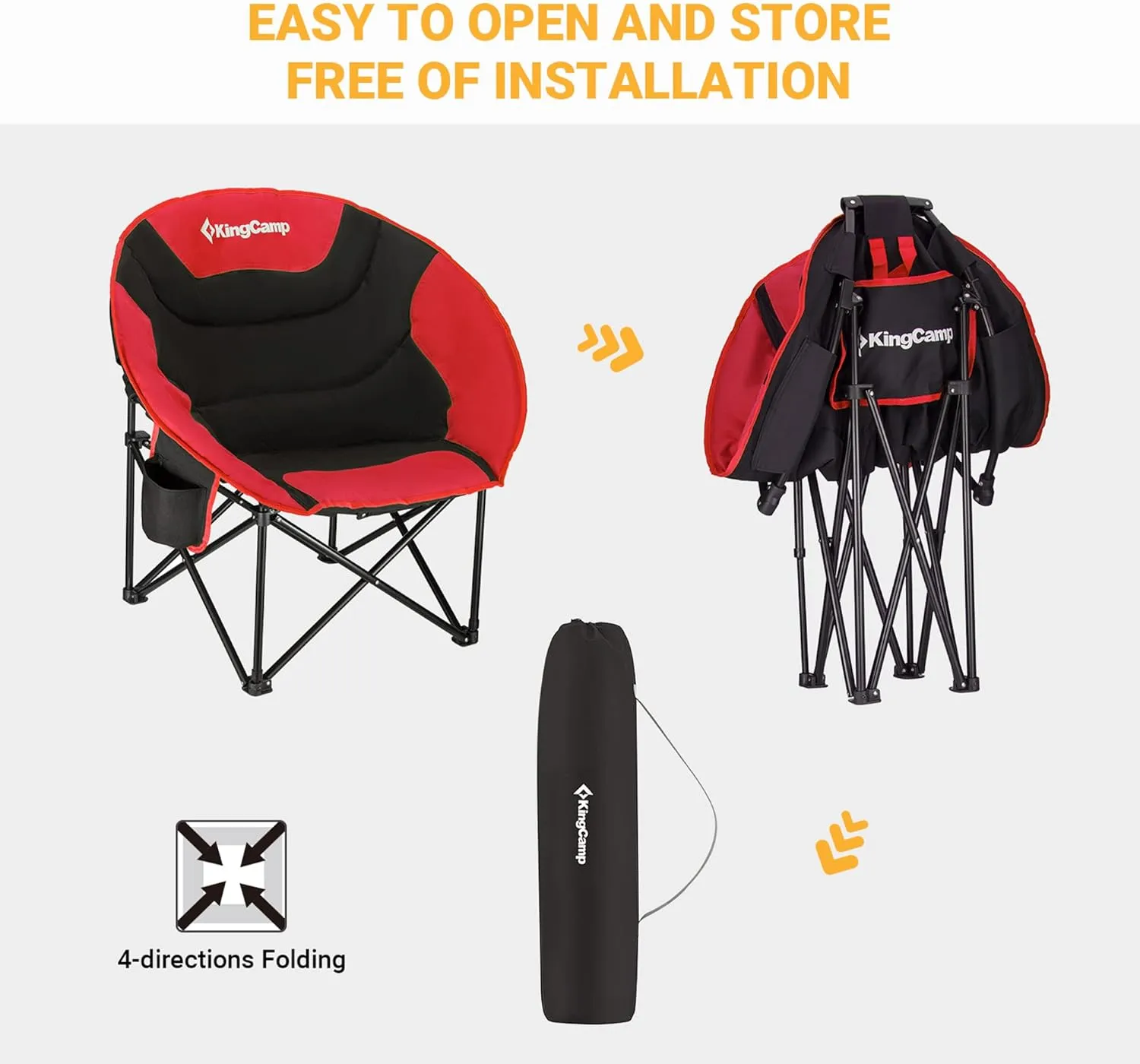 KingCamp Foldable Saucer Moon Lounge Chair with Cupholder Storage Pocket for Indoor Home or Outdoor Camping and Tailgating Use, Black/Red