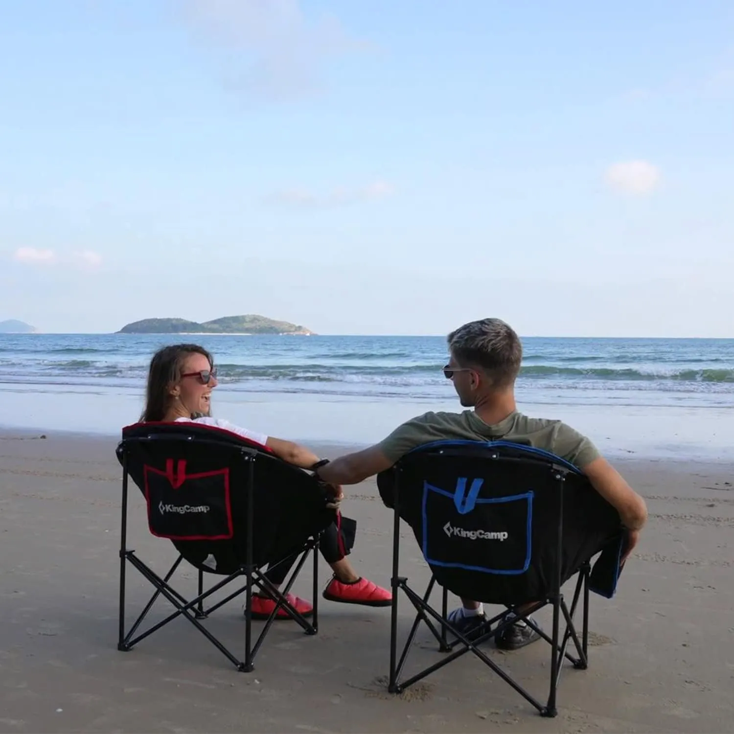KingCamp Folding Saucer Lounge Chair, Portable Indoor/Outdoor Camping and Bedroom Seat with Cup Holder and Back Storage Pocket, Black/Blue