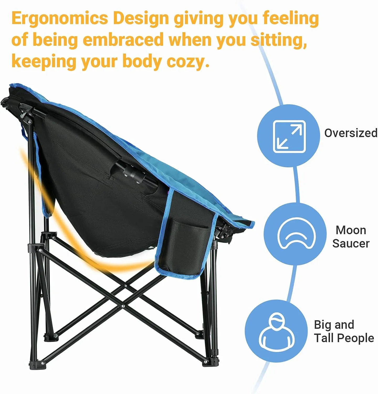 KingCamp Folding Saucer Lounge Chair, Portable Indoor/Outdoor Camping and Bedroom Seat with Cup Holder and Back Storage Pocket, Black/Blue