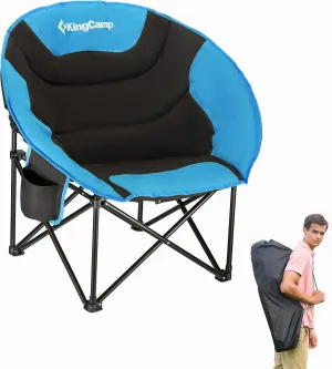 KingCamp Folding Saucer Lounge Chair, Portable Indoor/Outdoor Camping and Bedroom Seat with Cup Holder and Back Storage Pocket, Black/Blue