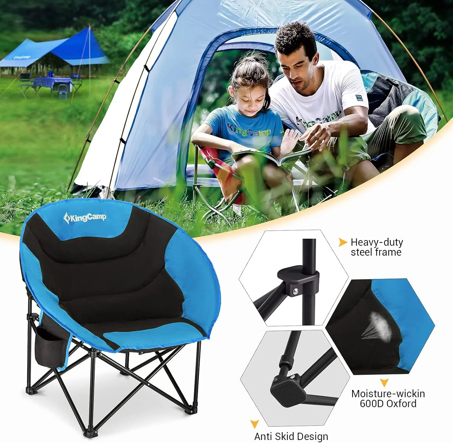 KingCamp Folding Saucer Lounge Chair, Portable Indoor/Outdoor Camping and Bedroom Seat with Cup Holder and Back Storage Pocket, Black/Blue