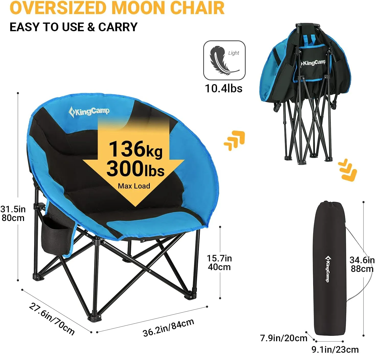 KingCamp Folding Saucer Lounge Chair, Portable Indoor/Outdoor Camping and Bedroom Seat with Cup Holder and Back Storage Pocket, Black/Blue