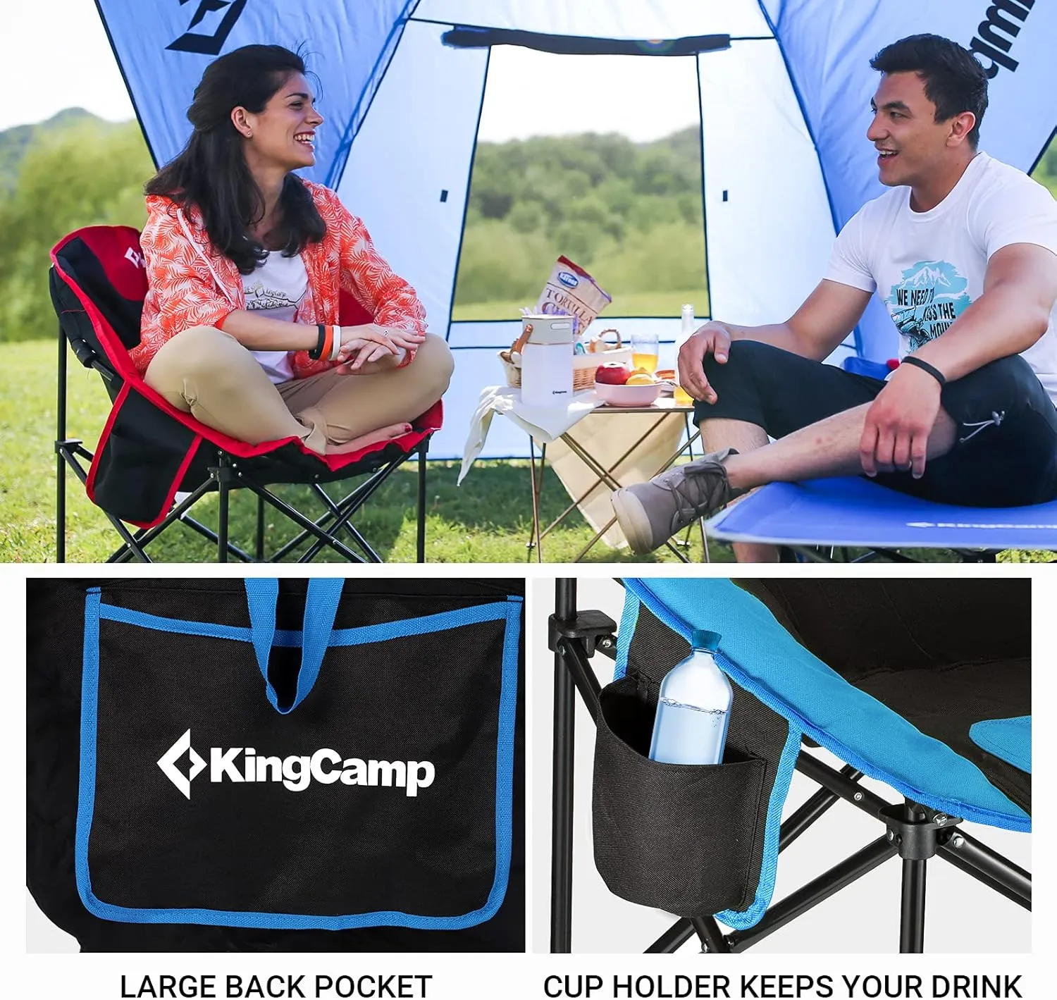 KingCamp Folding Saucer Lounge Chair, Portable Indoor/Outdoor Camping and Bedroom Seat with Cup Holder and Back Storage Pocket, Black/Blue