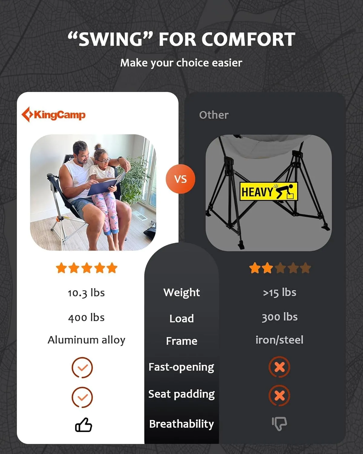 KingCamp Hammock Camping Chair, Swinging Portable Folding Camp Chairs for Adults 400lbs Heavy Duty Foldable Oversized Rocker with Aluminum Alloy Frame Cup Holder Pillow for Outdoor Beach Patio Sport