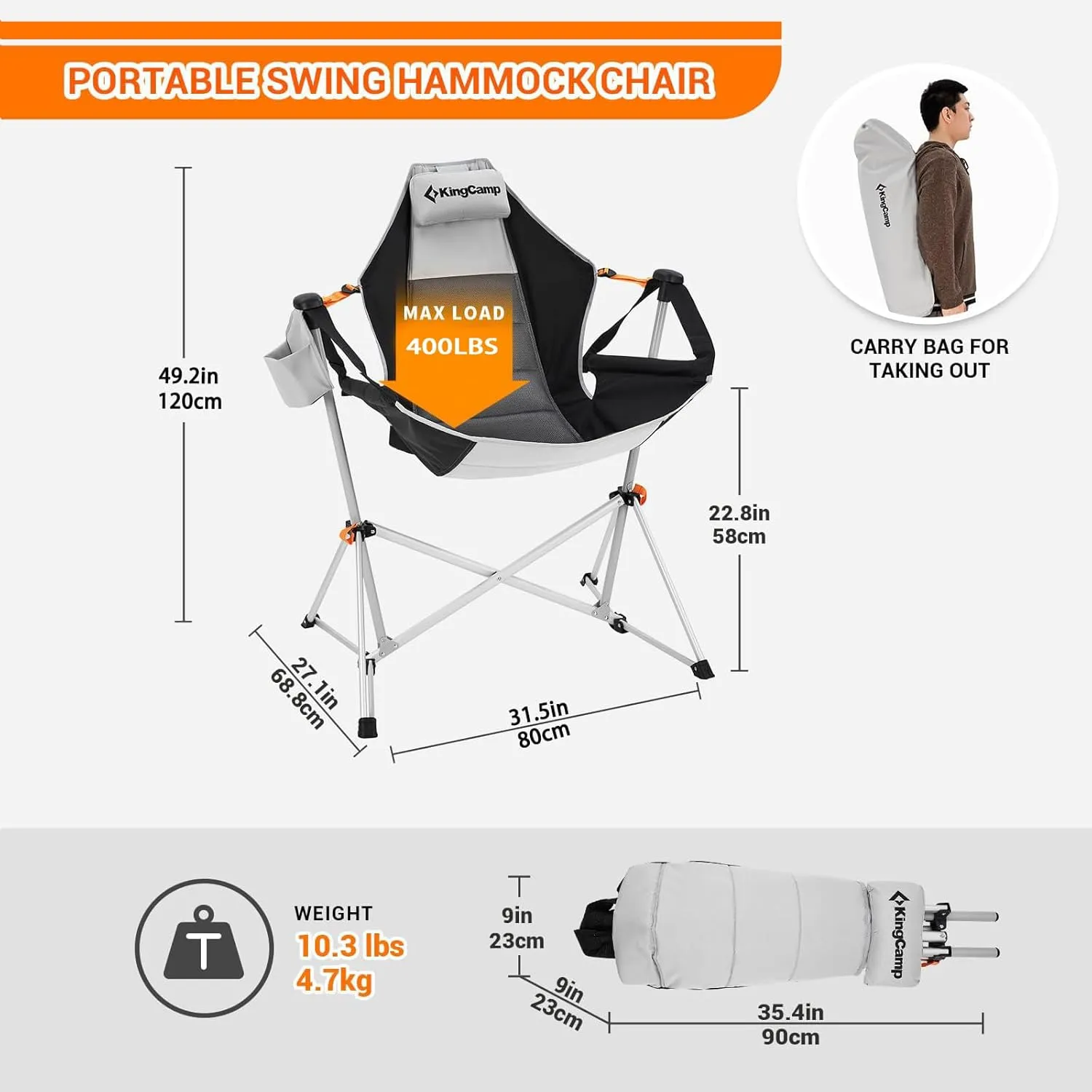 KingCamp Hammock Camping Chair, Swinging Portable Folding Camp Chairs for Adults 400lbs Heavy Duty Foldable Oversized Rocker with Aluminum Alloy Frame Cup Holder Pillow for Outdoor Beach Patio Sport