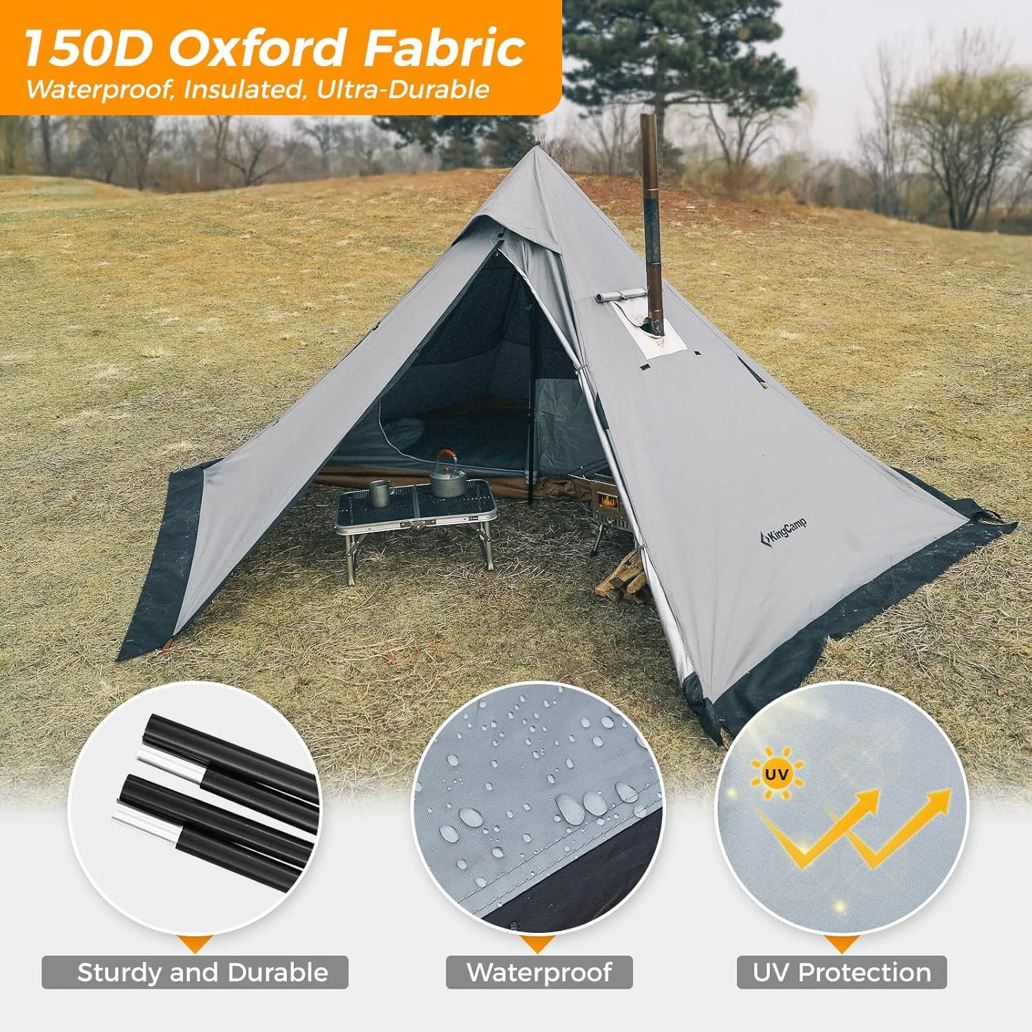 KingCamp Hot Tent, Lightweight Waterproof & Windproof Tipi Hot Tents with Stove Jack for Outdoor Camping