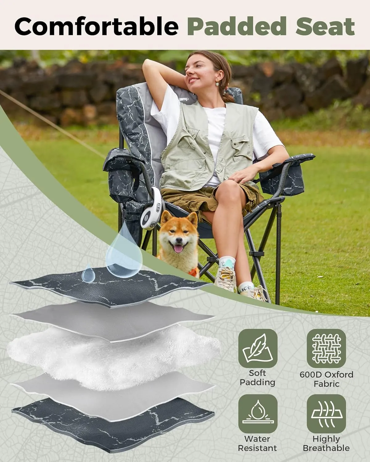 KingCamp Oversized Camping Folding Chair, Heavy Duty 450 LBS with Lumbar Support, Padded seat with Cup Holder&Cooler Bag, Ideal for Camp, Fishing, Sports event, Backyard, Patio, Lawn