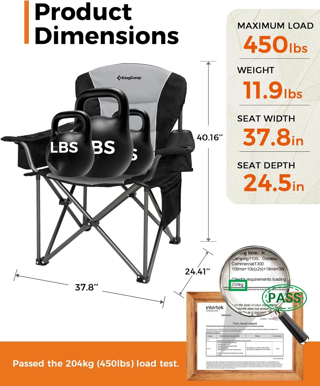 KingCamp Oversized Camping Folding Chair, Heavy Duty 450 LBS with Lumbar Support, Padded seat with Cup Holder&Cooler Bag, Ideal for Camp, Fishing, Sports event, Backyard, Patio, Lawn