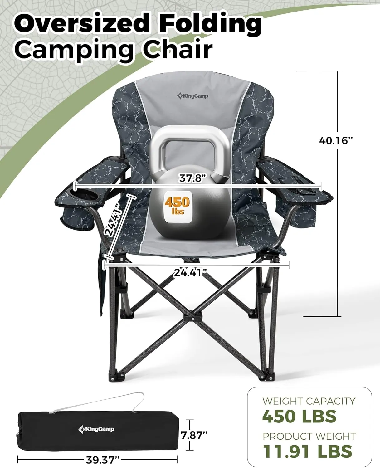 KingCamp Oversized Camping Folding Chair, Heavy Duty 450 LBS with Lumbar Support, Padded seat with Cup Holder&Cooler Bag, Ideal for Camp, Fishing, Sports event, Backyard, Patio, Lawn