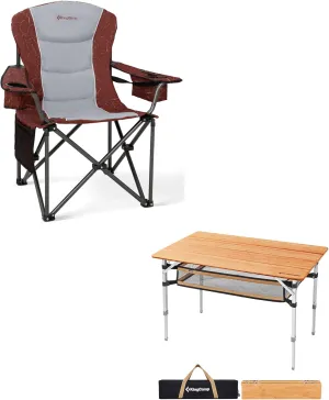 KingCamp Oversized Camping Folding Chair, Heavy Duty 450 LBS withBamboo Folding Table Lightweight Camping Table with Storage Mesh Layer