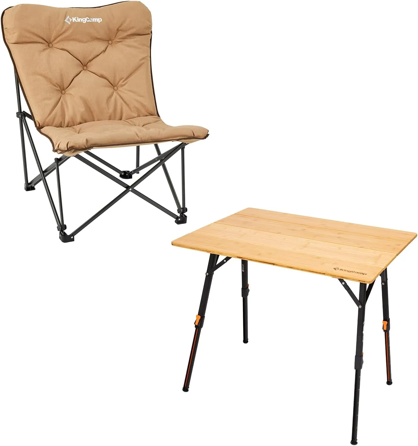 KingCamp Padded Oversized Camping Chair and Bamboo Folding Table with Visual Adjustable Height Aluminum Scale Legs,Portable Outdoor Camping Table with Carry Bag