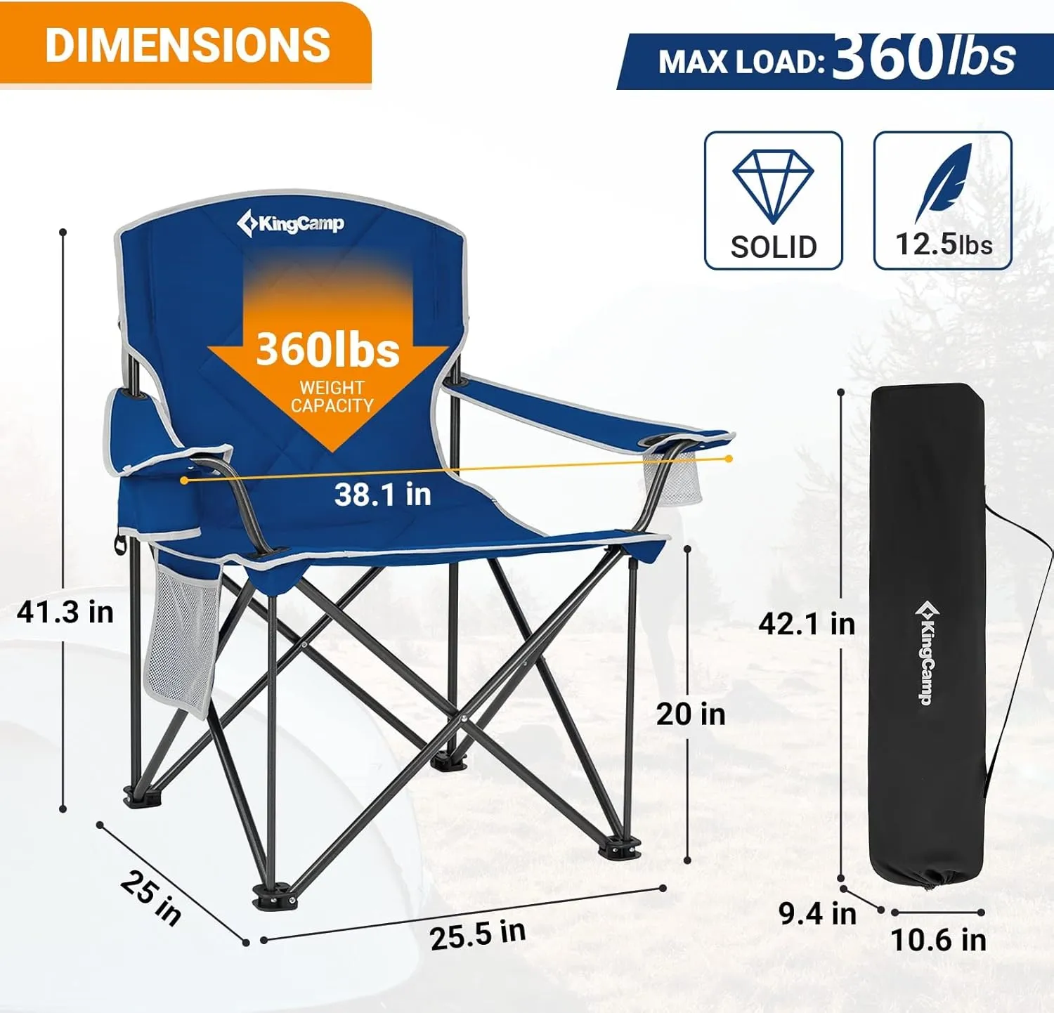 KingCamp Portable Folding Camping Quad Chair, Oversized Fully Cushioned Seat with Side Pocket and Cup Holder, for Tailgates, Beach, Lawn