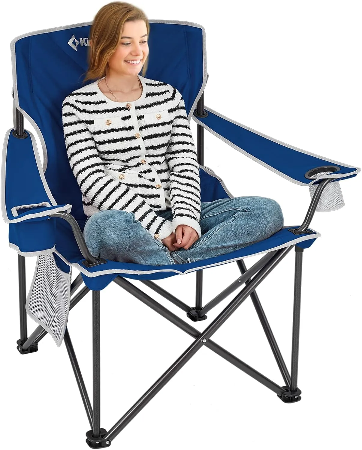 KingCamp Portable Folding Camping Quad Chair, Oversized Fully Cushioned Seat with Side Pocket and Cup Holder, for Tailgates, Beach, Lawn