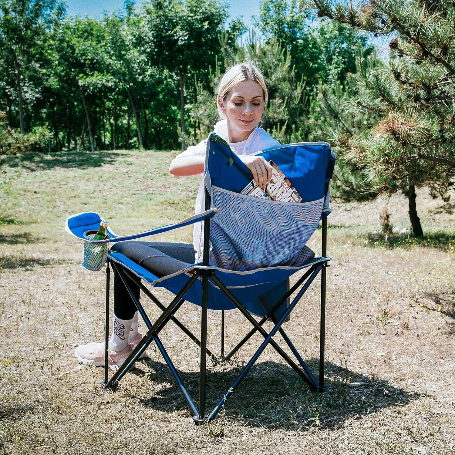KingCamp Portable Folding Camping Quad Chair, Oversized Fully Cushioned Seat with Side Pocket and Cup Holder, for Tailgates, Beach, Lawn