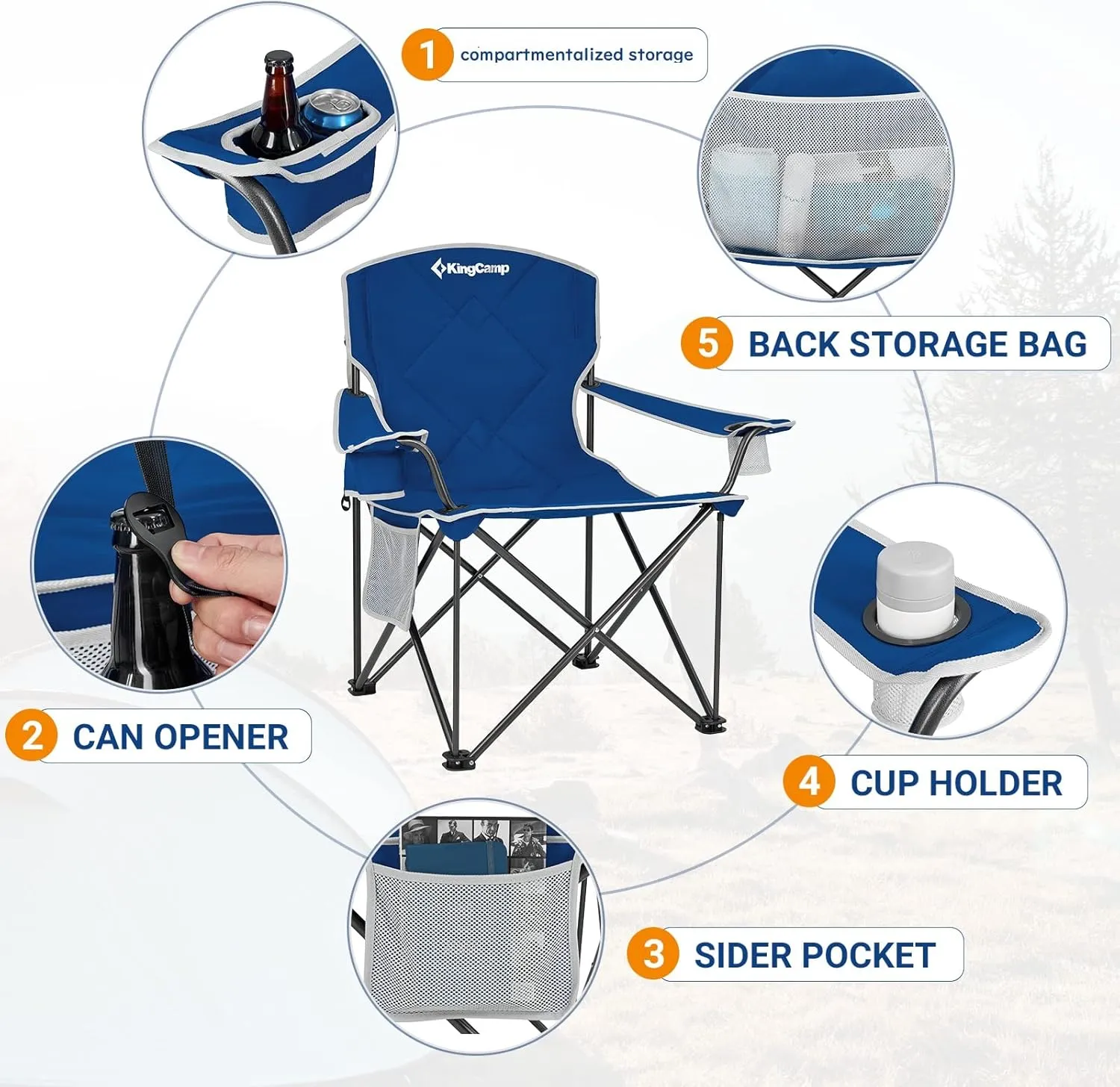 KingCamp Portable Folding Camping Quad Chair, Oversized Fully Cushioned Seat with Side Pocket and Cup Holder, for Tailgates, Beach, Lawn
