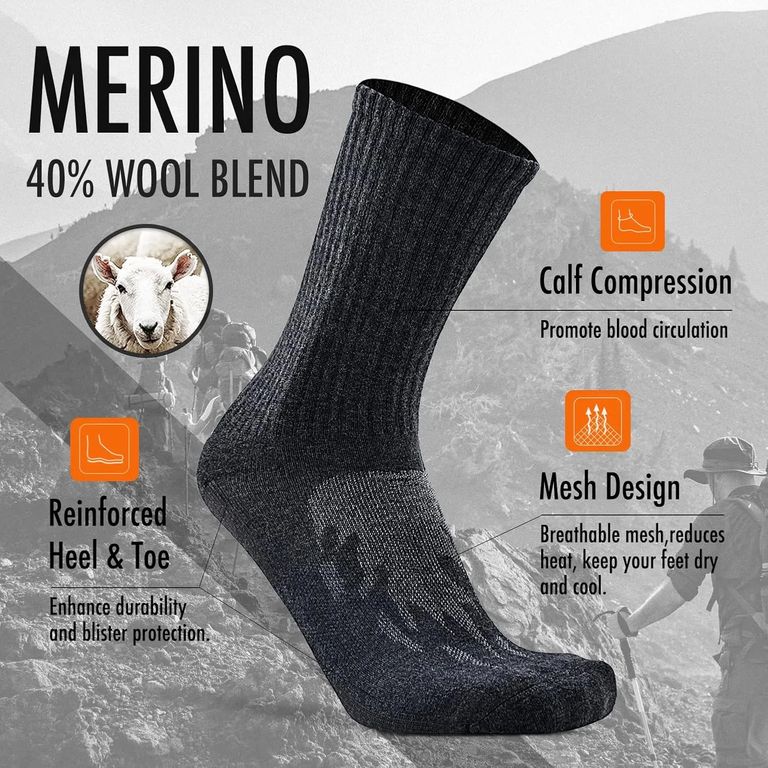 KitNSox 1/4 Pack Men's Women's Merino Wool Hiking Running Socks Crew Warm Thick Cushioned Outdoor Walking Sport Athletic Sock