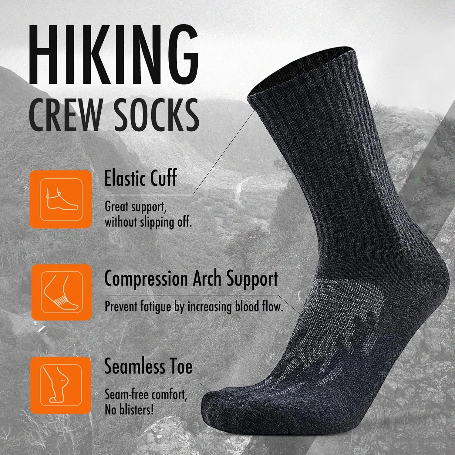 KitNSox 1/4 Pack Men's Women's Merino Wool Hiking Running Socks Crew Warm Thick Cushioned Outdoor Walking Sport Athletic Sock