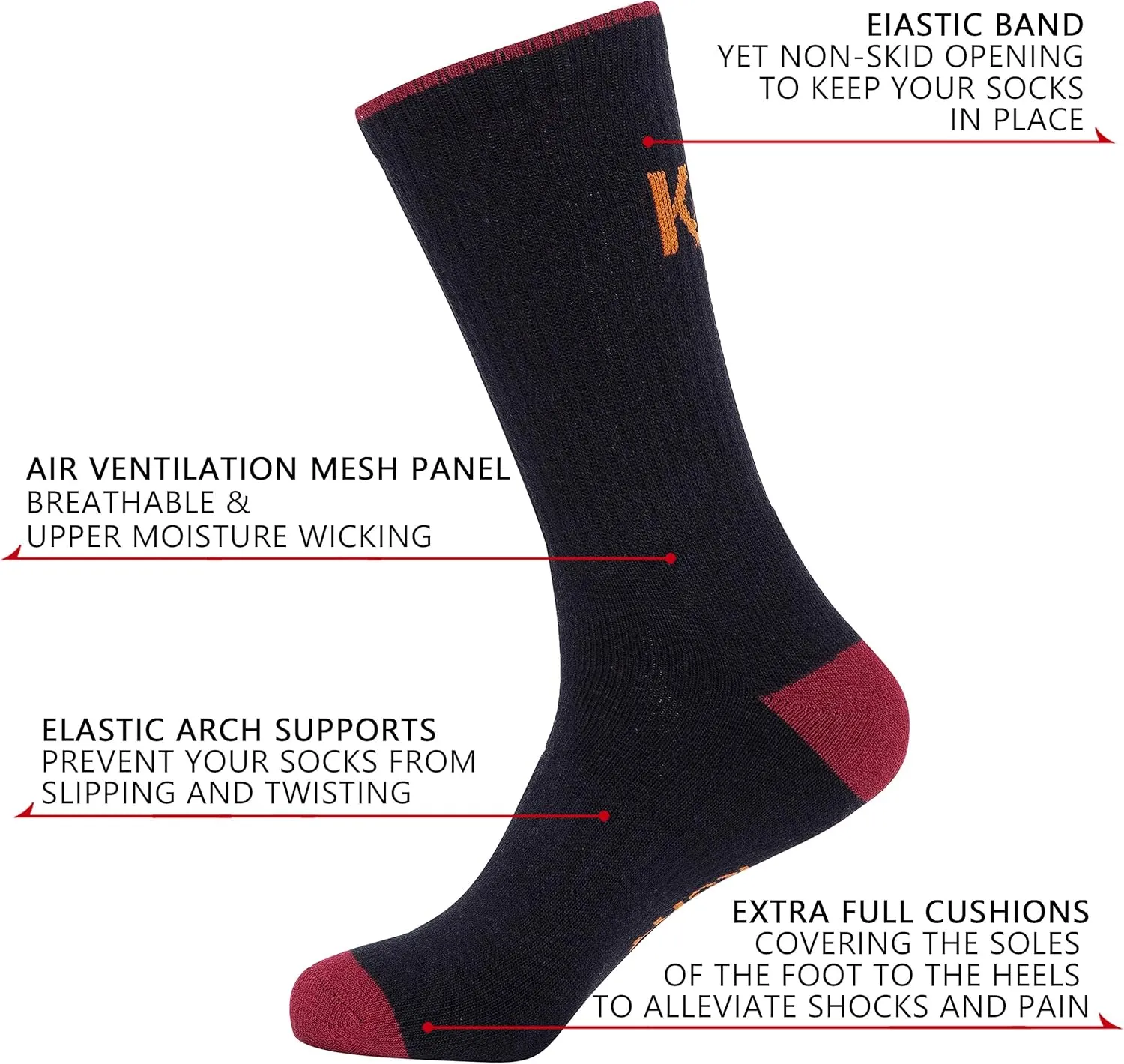 KONY Men's 5 Pairs Thick Cushion Hiking Walking Socks, Wicking Outdoor Sports Crew Socks