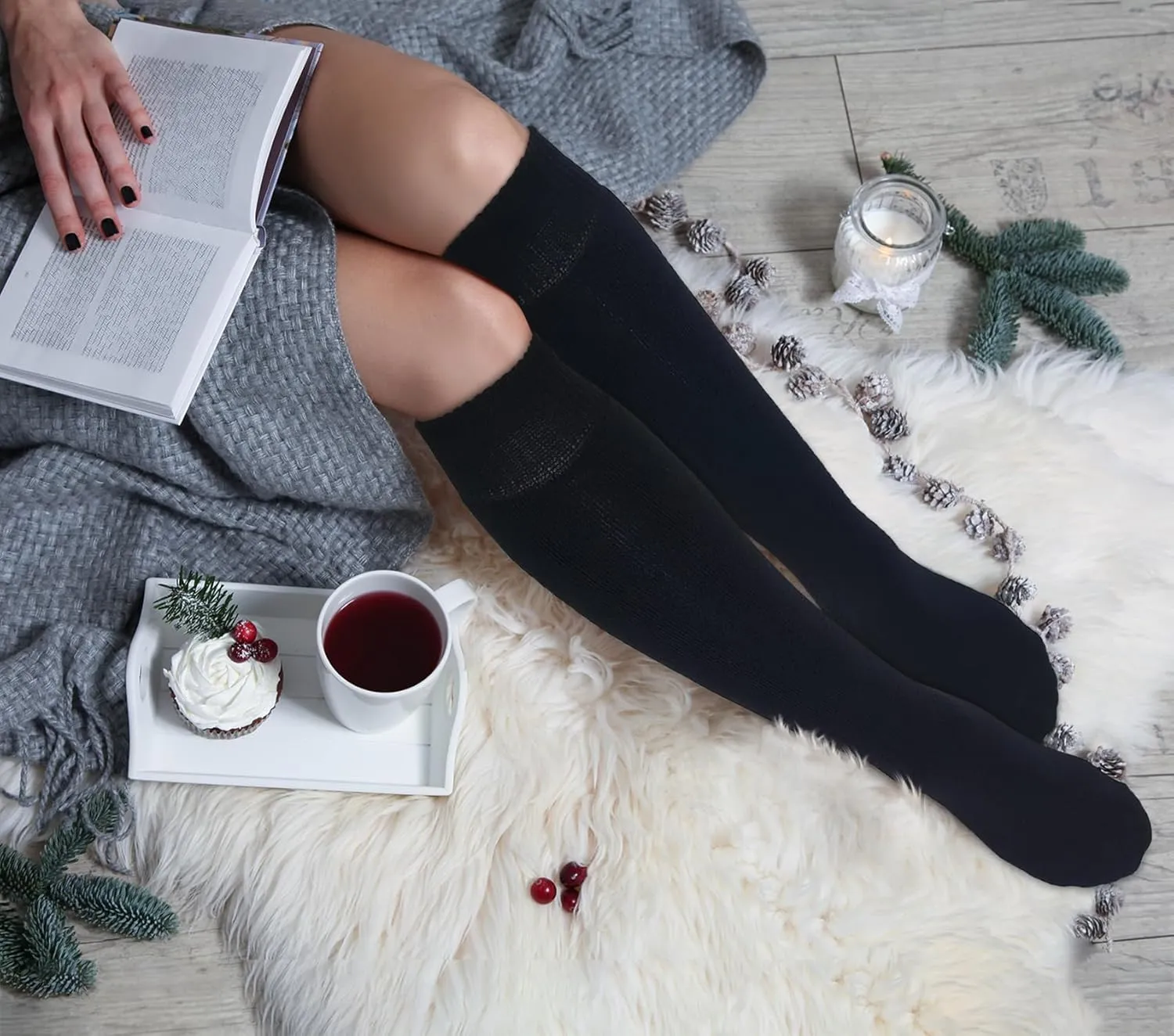KONY Warm Knee High Socks for Women 3 Pairs, Thick Cotton Cushioned Thermal Long Socks for Hiking Work Gifts