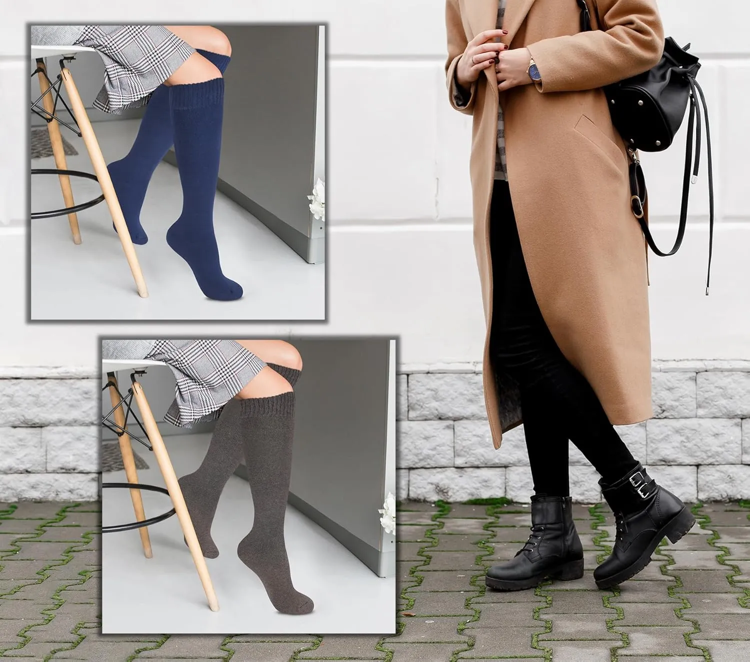 KONY Warm Knee High Socks for Women 3 Pairs, Thick Cotton Cushioned Thermal Long Socks for Hiking Work Gifts