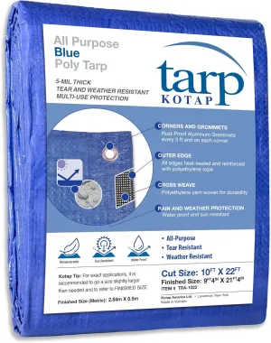 Kotap 10 x 22 Ft. All-Purpose Multi-Use Protection/Coverage 5-mil Poly Tarp, Waterproof, Blue, (TRA-1022)