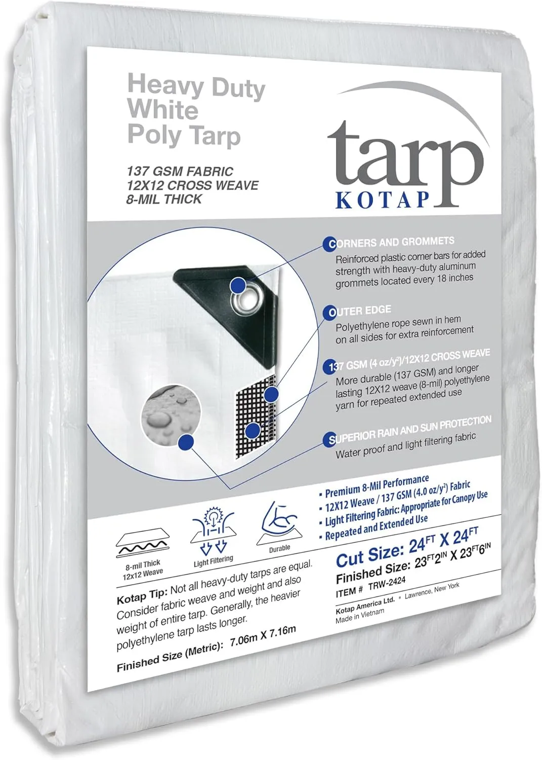 Kotap 24 x 24 Ft. Heavy-Duty Protection/Coverage Tarp, Superior Weave for Greater Longevity 8-mil, Multi-Use, Waterproof, White, 1-Pack (TRW-2424)