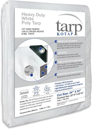 Kotap 24 x 24 Ft. Heavy-Duty Protection/Coverage Tarp, Superior Weave for Greater Longevity 8-mil, Multi-Use, Waterproof, White, 1-Pack (TRW-2424)