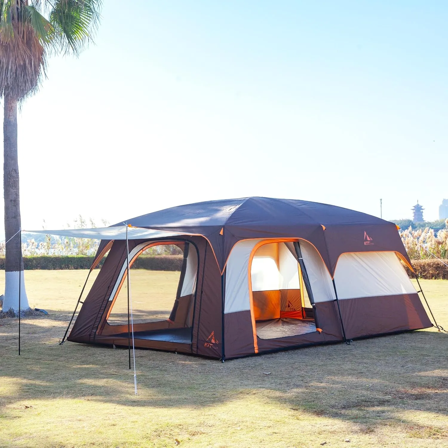 KTT Extra Large Tent 10-12-14 Person(B),Family Cabin Tents,2 Rooms,3 Doors and 3 Windows with Mesh,Straight Wall,Waterproof,Double Layer,Big Tent for Outdoor,Picnic,Camping,Family Gathering