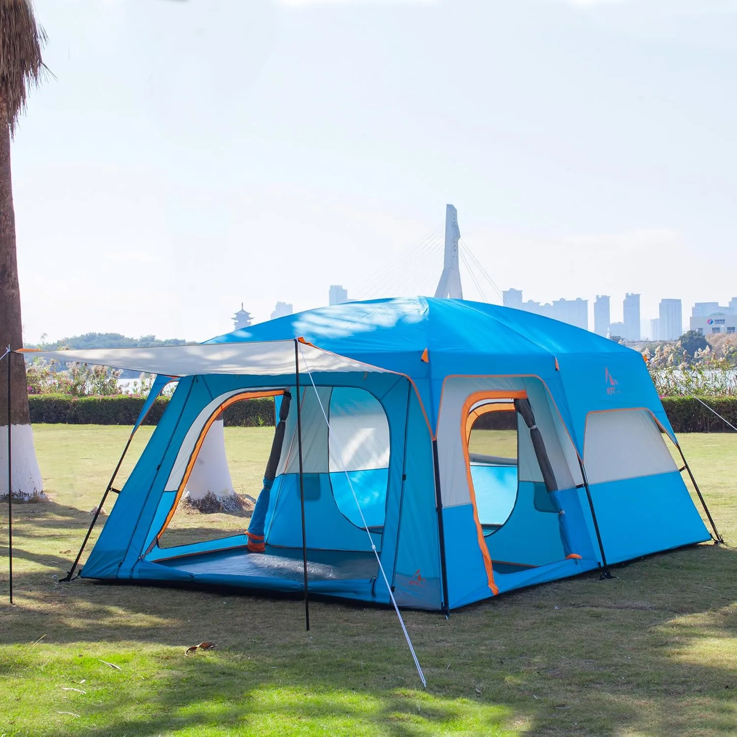 KTT Extra Large Tent 10-12-14 Person(Style-B),Family Cabin Tents,2 Rooms,3 Doors and 3 Windows with Mesh,Straight Wall,Waterproof,Double Layer,Big Tent for Outdoor,Picnic,Camping,Family Gathering