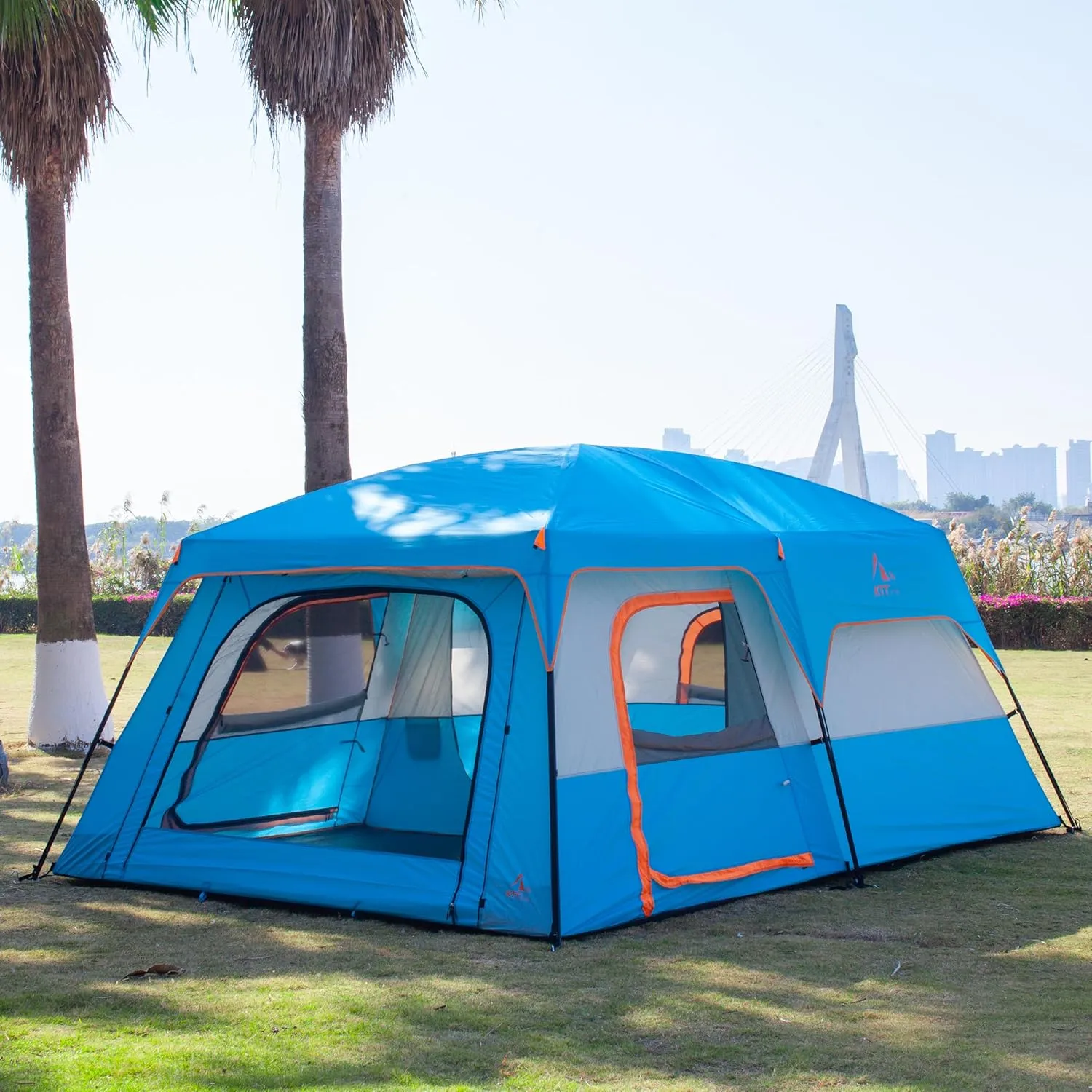 KTT Extra Large Tent 10-12-14 Person(Style-B),Family Cabin Tents,2 Rooms,3 Doors and 3 Windows with Mesh,Straight Wall,Waterproof,Double Layer,Big Tent for Outdoor,Picnic,Camping,Family Gathering