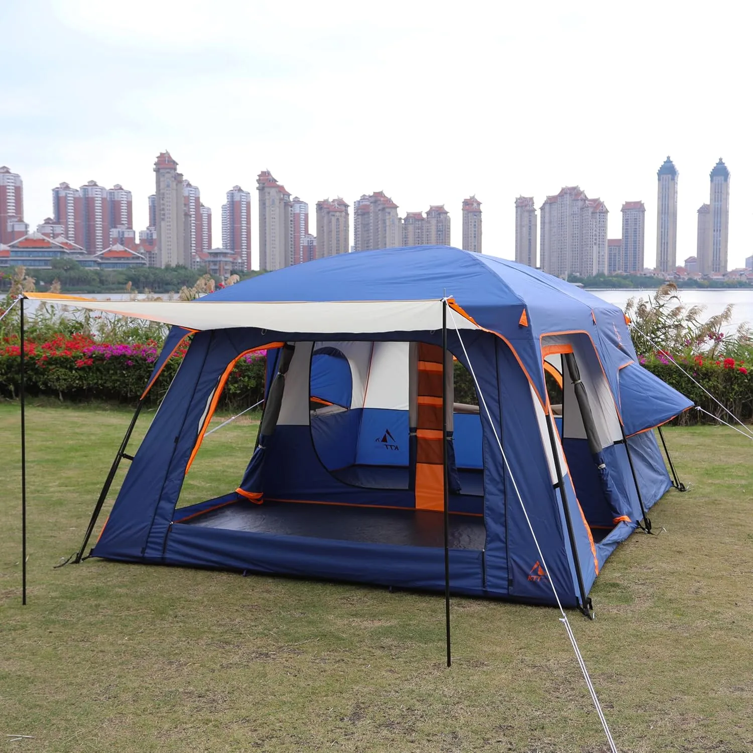 KTT Extra Large Tent 12 Person,2 Bay-Windows,Family Cabin Tents,14'Lx10'Wx6.58'H,2 Rooms and 3 Doors 3 Windows with Mesh,Waterproof,Straight Wall,Big Tent for Outdoor,Picnic,Camping,Gathering