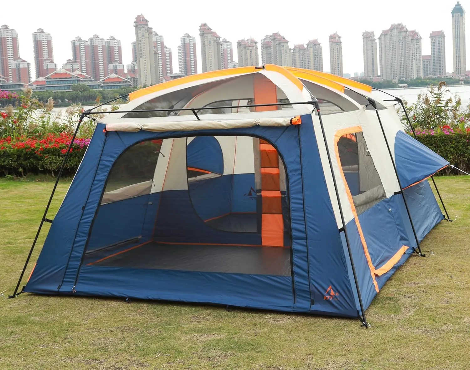 KTT Extra Large Tent 12 Person,2 Bay-Windows,Family Cabin Tents,14'Lx10'Wx6.58'H,2 Rooms and 3 Doors 3 Windows with Mesh,Waterproof,Straight Wall,Big Tent for Outdoor,Picnic,Camping,Gathering