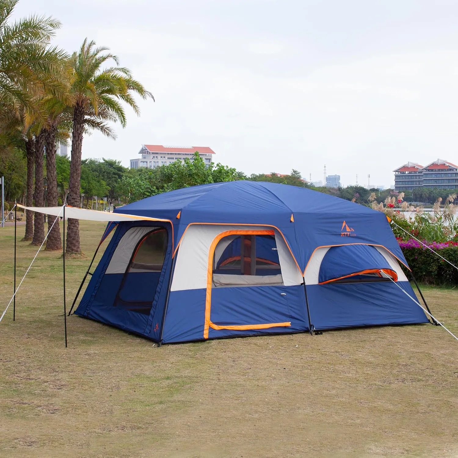 KTT Extra Large Tent 12 Person,2 Bay-Windows,Family Cabin Tents,14'Lx10'Wx6.58'H,2 Rooms and 3 Doors 3 Windows with Mesh,Waterproof,Straight Wall,Big Tent for Outdoor,Picnic,Camping,Gathering