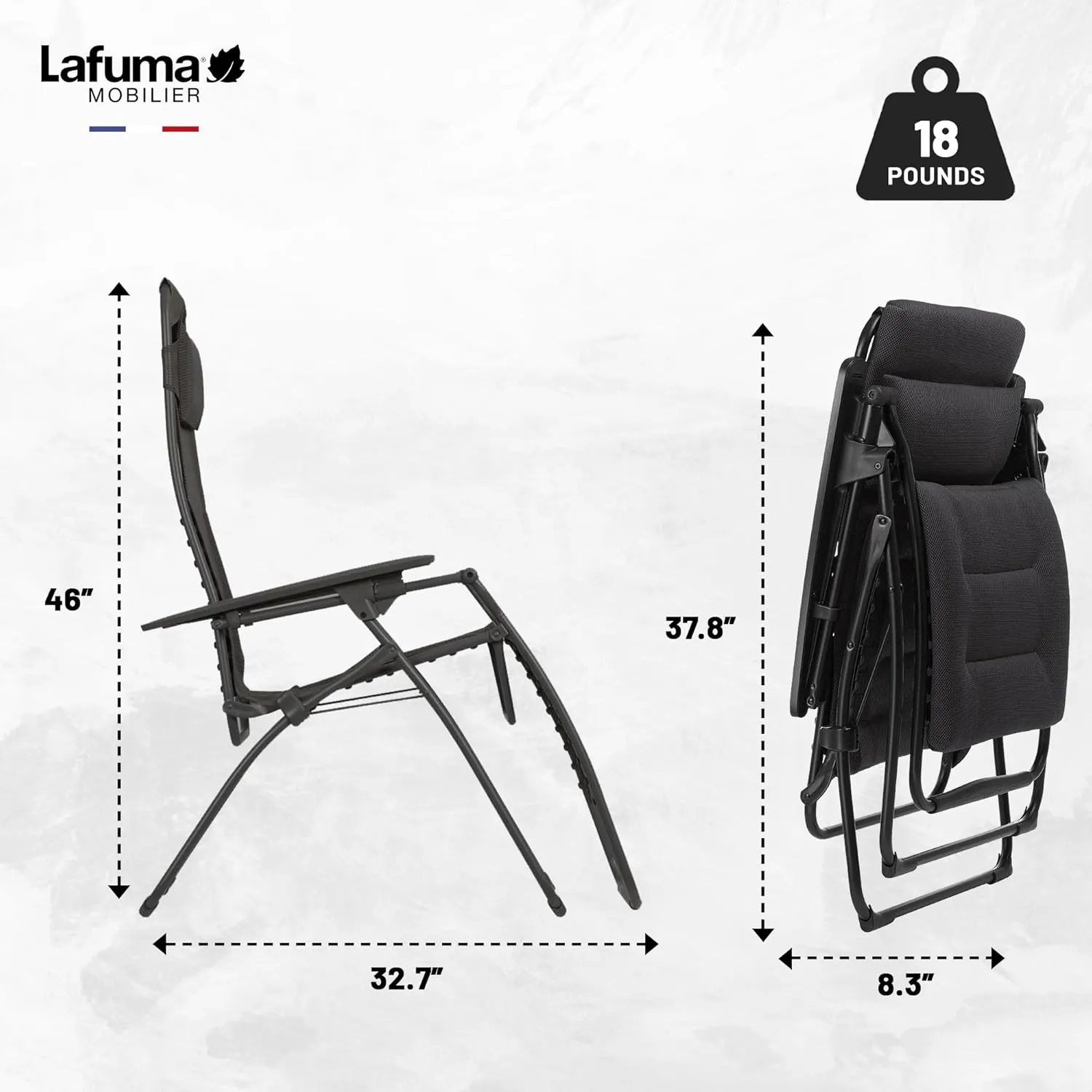 Lafuma Futura Air Comfort Zero Gravity Recliner (Acier Black) Padded Folding Outdoor Reclining Chair