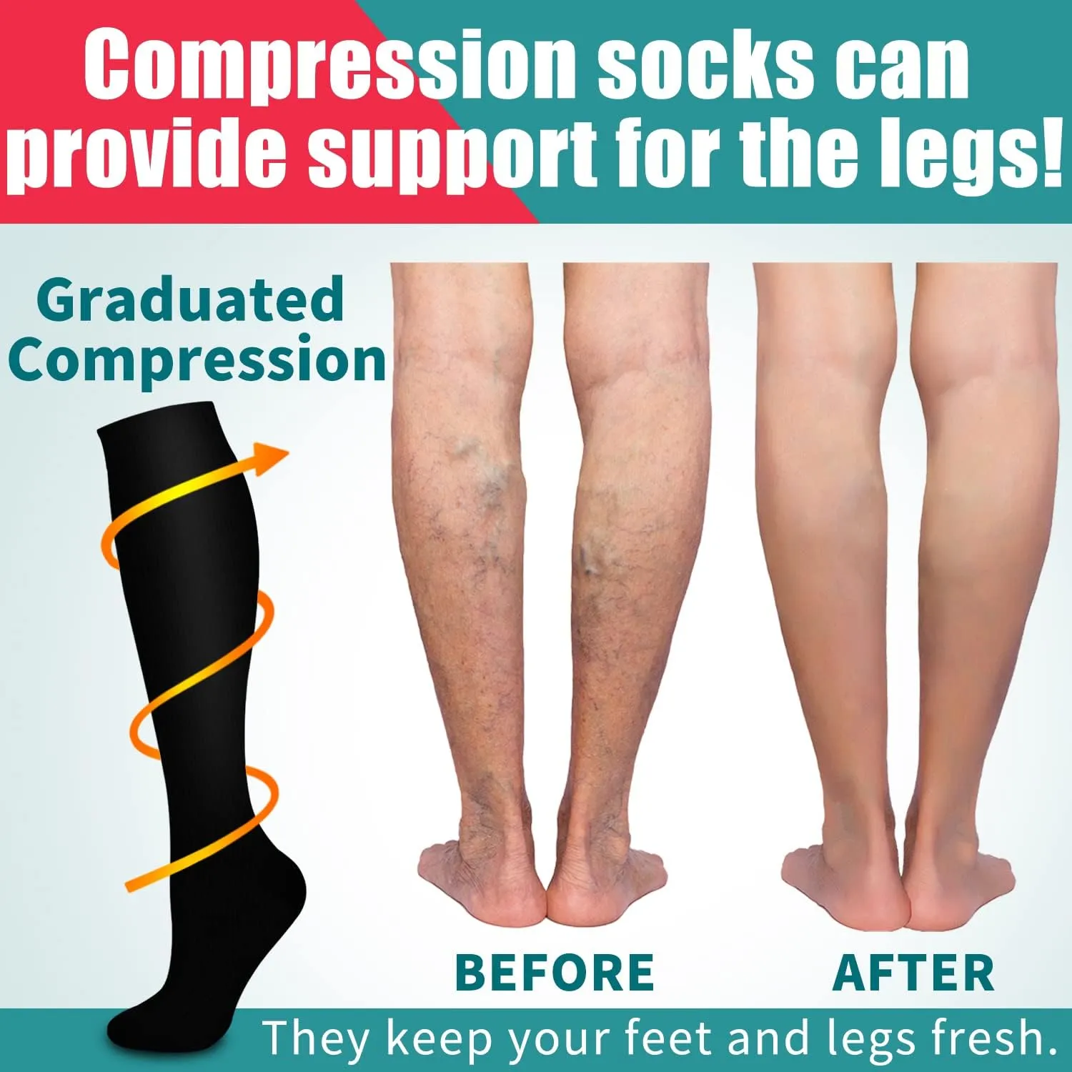 Laite Hebe Compression Socks for Women & Men Circulation(6 pairs)-Graduated Supports Socks for Running, Athletic Sports