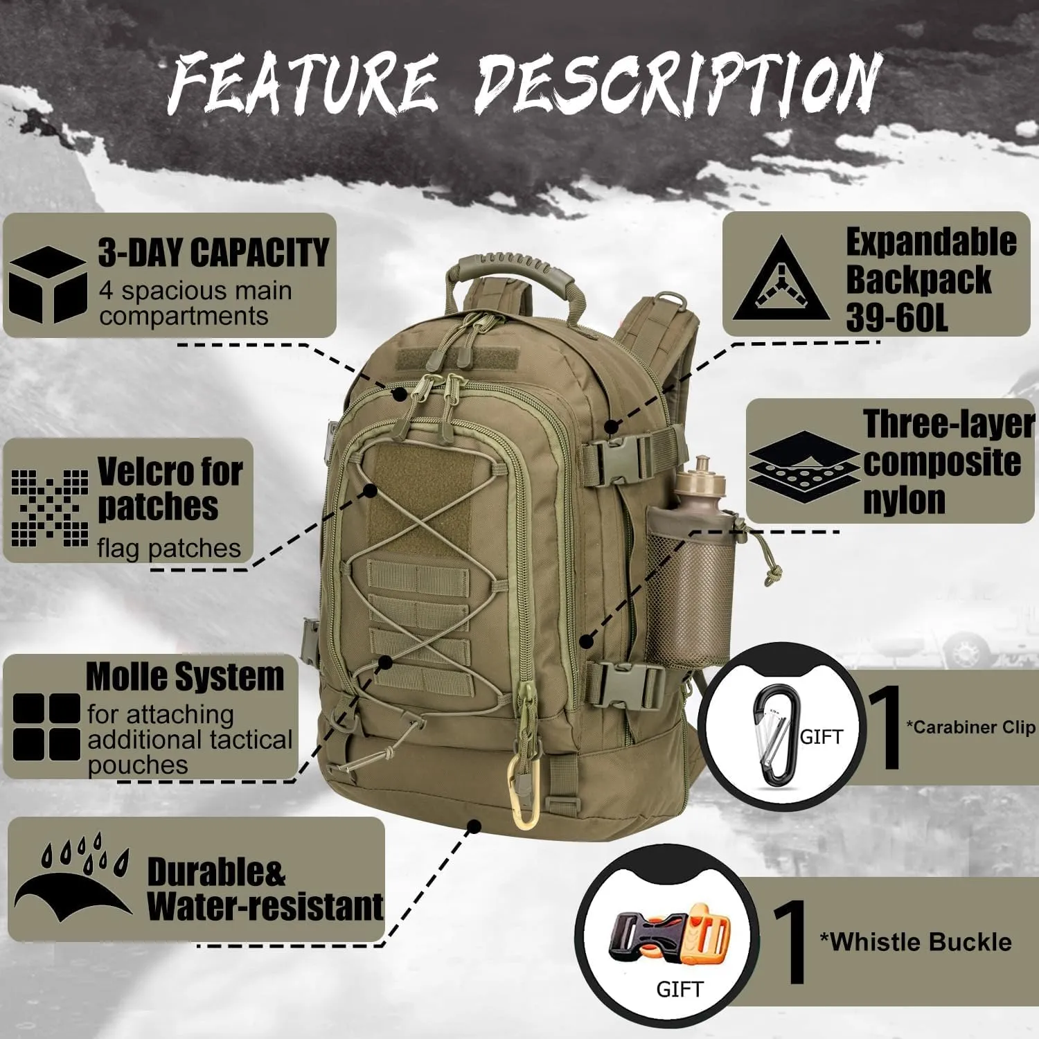 Large Military Bug Out Bag 3 Day Pack Expandable Backpack Army Daypack for Outdoor Hiking Hunting (Green)