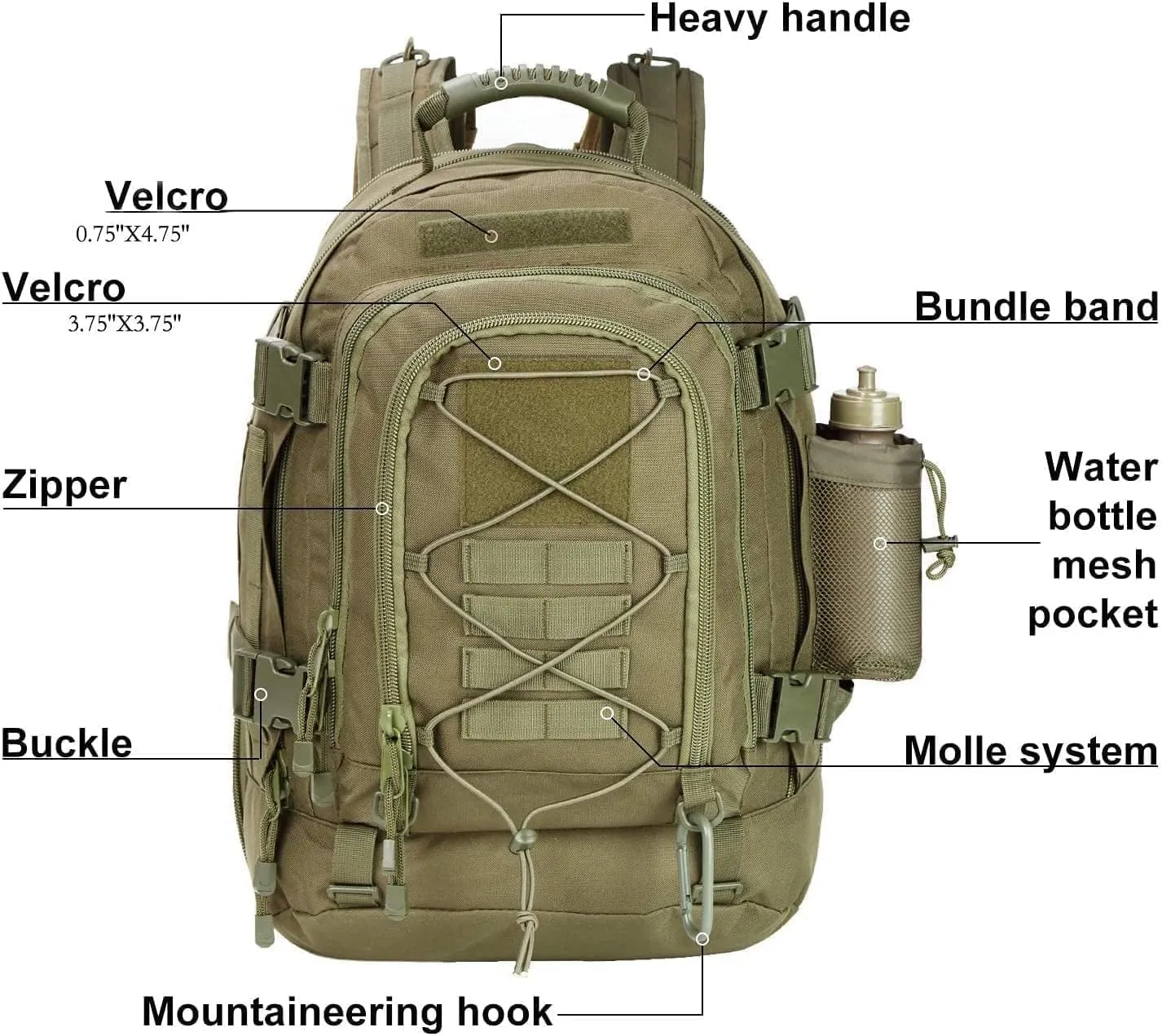 Large Military Bug Out Bag 3 Day Pack Expandable Backpack Army Daypack for Outdoor Hiking Hunting (Green)