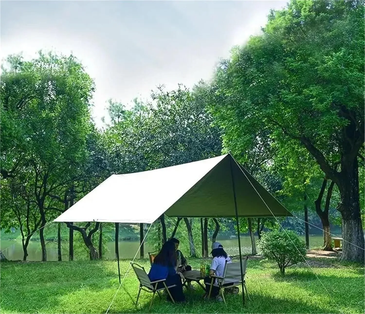 Large Shelter Sun Shade Rain Fly Camping Tarp with Tent Pole Beach Tent Shelter for Outdoors, Picnic