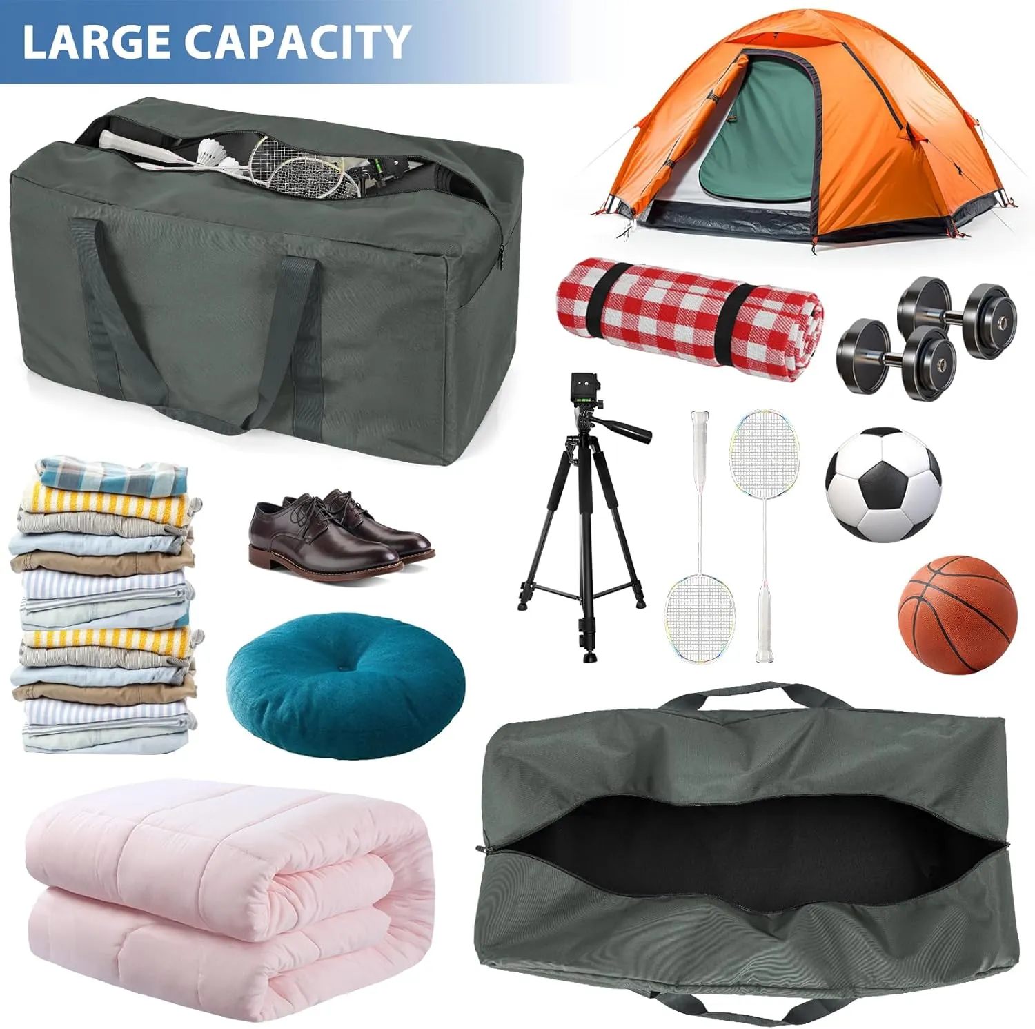 Large Travel Duffle Bag, 100L Gear Bag for Men and Women, Storage Bag Ideal for Overnight Camping and Weekend Getaways, Dark Gray