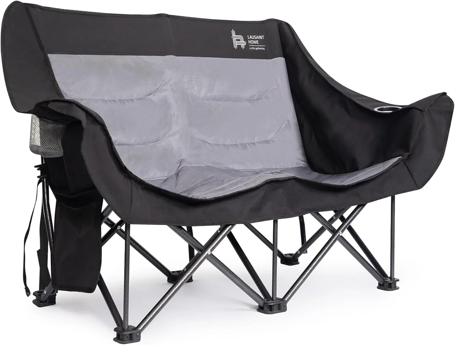 LAUSAINT HOME Double Camping Chair-Oversized Camping Loveseat-Camping Couch for Heavy Duty-Black Outdoor Double Folding Chair-Portable Patio Lawn Chair with Cup Holder
