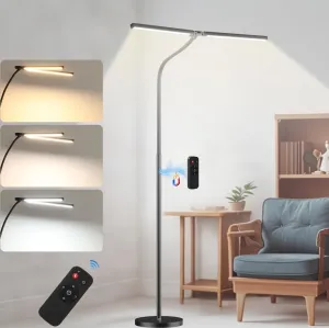 Led Floor Lamp for Office, 24W 2400LM Tall Reading Lamp, Dual Head Standing Task Lamp with Remote, Large Goose Neck Lash Light, Craft Work Lights, Puzzle Lights for Tattoo, Piano, Sewing