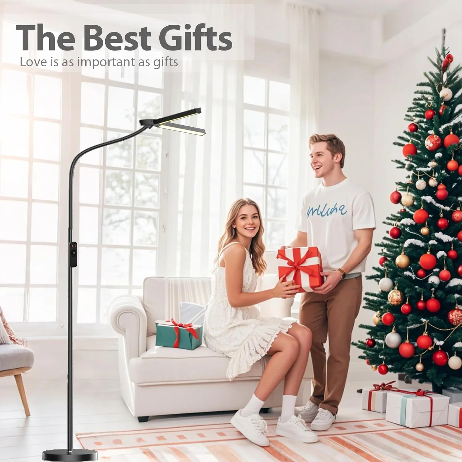 Led Floor Lamp for Office, 24W 2400LM Tall Reading Lamp, Dual Head Standing Task Lamp with Remote, Large Goose Neck Lash Light, Craft Work Lights, Puzzle Lights for Tattoo, Piano, Sewing